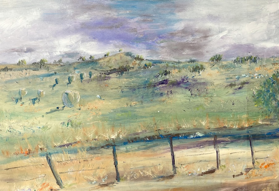 Oil Painting by Margaret Morgan Watkins titled Hay Bales in the Ranges