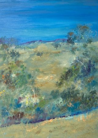 An Oil painting by Margaret Morgan Watkins in the Impressionist style  Rural with main colour being Blue Ochre and Olive and titled Billabong near Turpin Falls in Kyneton