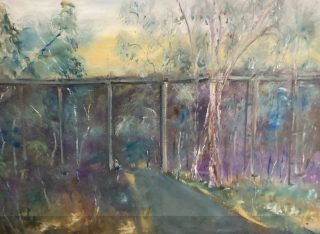 An Oil painting by Margaret Morgan Watkins in the Impressionist style  depicting Bridge Rural and Trees with main colour being Grey Ochre and Olive and titled Trestle Railway Bridge at Pyalong