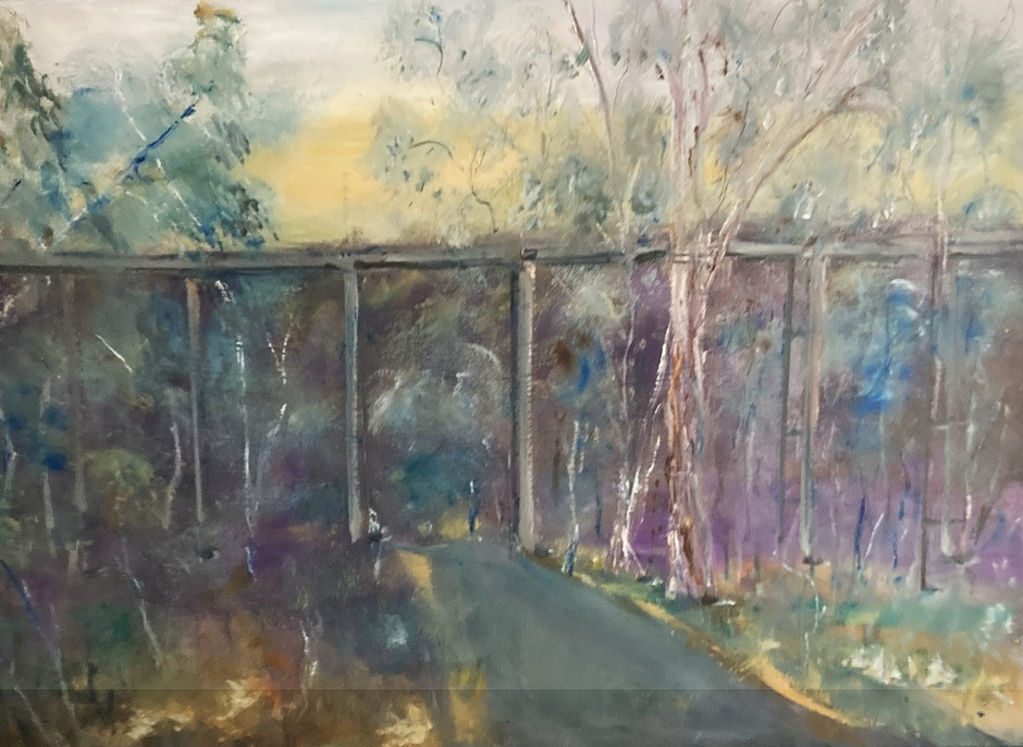 Oil Painting by Margaret Morgan Watkins titled Trestle Railway Bridge at Pyalong
