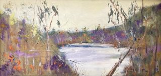 An Oil painting by Margaret Morgan Watkins in the Impressionist style  depicting Lake River and Rural with main colour being Cream Grey and Ochre and titled Goulburn River in Seymour