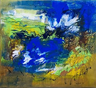 An Acrylic painting by Margaret Morgan Watkins in the Abstract style  and titled Goulburn River at Nagambie