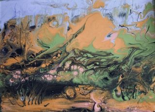 An Acrylic painting by Margaret Morgan Watkins in the Abstract style  with main colour being Blue Brown and Ochre and titled Pink Cliffs at Heathcote