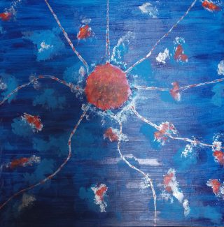 An Acrylic painting by Martin Guinness in the Abstract Expressionist style  Fantasy Man and People with main colour being Blue Red and White and titled Memorising