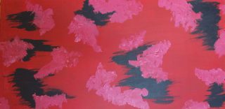 An Acrylic painting by Martin Guinness in the Abstract Expressionist style  depicting Bush Farmland and Fire with main colour being Black Pink and Red and titled Regeneration and Renewal