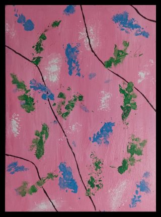 An Acrylic painting by Martin Guinness in the Abstract Expressionist style  Bush Fantasy and Flowers with main colour being Blue Green and Pink and titled Traces of Spring