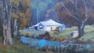 An Oil painting by Trish Bennett in the Realist Impressionist style  depicting Landscape Cottage Hills and River and titled Little Gem Rylstone