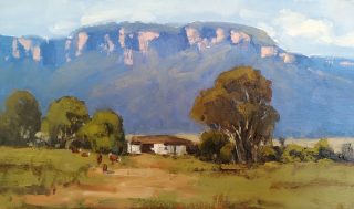 An Oil painting by Trish Bennett in the Realist Impressionist style  Farm Cottage Farmland and Mountains and titled Under The Escarpments