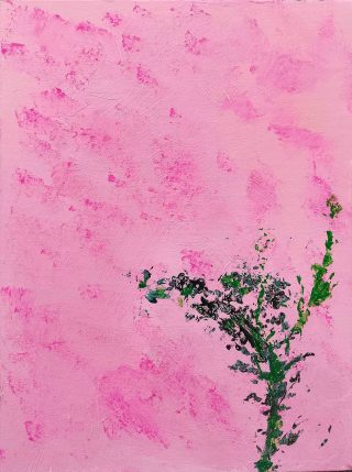 An Acrylic painting by Martin Guinness in the Abstract Expressionist style  depicting Flowers Bush and Fantasy with main colour being Black Green and Pink and titled Chloris