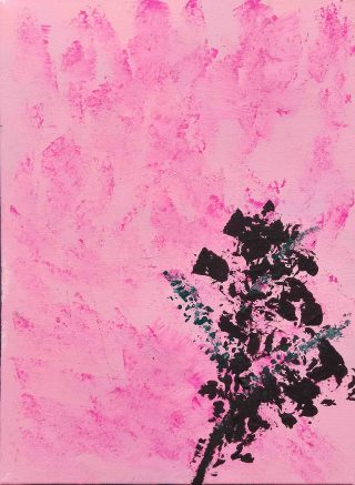 An Acrylic painting by Martin Guinness in the Abstract Expressionist style  depicting Flowers Bush and Fantasy with main colour being Black and Pink and titled Kali