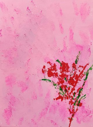 An Acrylic painting by Martin Guinness in the Abstract Expressionist style  depicting Flowers Bush and Fantasy with main colour being Green Pink and Red and titled Aphrodite