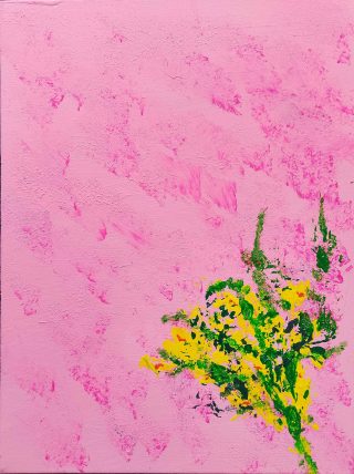 An Acrylic painting by Martin Guinness in the Abstract Expressionist style  depicting Flowers Fantasy with main colour being Black Green and Pink and titled Helios