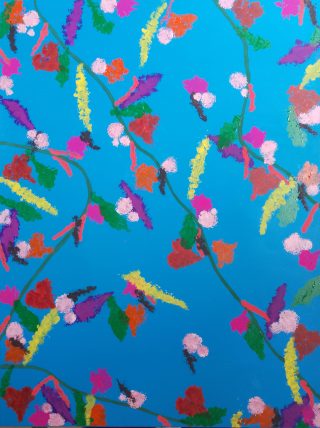 An Acrylic painting by Martin Guinness in the Abstract Expressionist style  depicting Flowers Bush and Fantasy with main colour being Black Blue and Green and titled Summer Joy