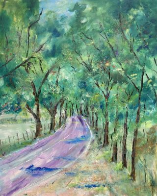 An Oil painting by Margaret Morgan Watkins depicting Trees Streets and titled Avenue of Honour Daylesford