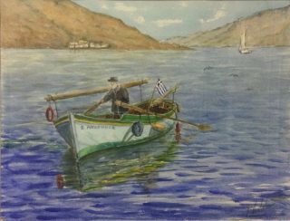 A Watercolour painting by Peter Michalandos Boats Hills and River and titled Solo Fishing