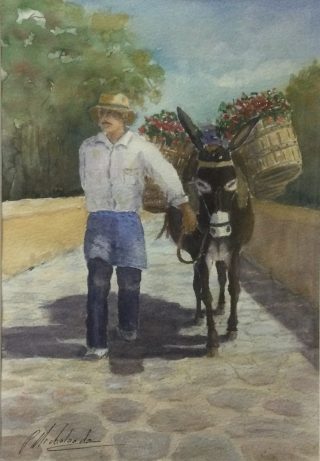 A Watercolour painting by Peter Michalandos Animals Man and Streets and titled Man and his donkey