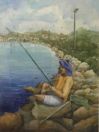 A Watercolour painting by Peter Michalandos Fish River and Rocks and titled Rock Fishing