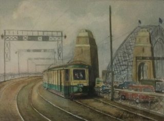 A Watercolour painting by Peter Michalandos Bridge City and Trains and titled Bridge Trams