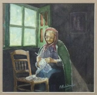 A Watercolour painting by Peter Michalandos Window and Woman and titled In the Sunlight