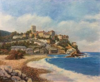 An Acrylic painting by Peter Michalandos depicting Landscape Beach Buildings and Sea and titled Halkidiki