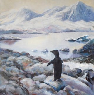 An Acrylic painting by ALEX MORTENSEN in the Contemporary Realist style  depicting Landscape Animals Birds and Mountains with main colour being Black Blue and Grey and titled THIS LAND IS MINE