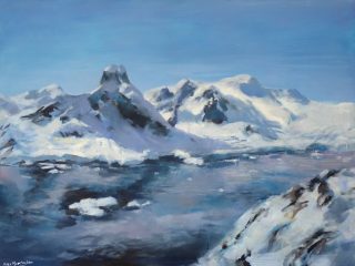 An Acrylic painting by ALEX MORTENSEN in the Contemporary Realist style  depicting Landscape Mountains Snow and Water with main colour being Black Blue and Grey and titled WEST ANTARCTIC COAST