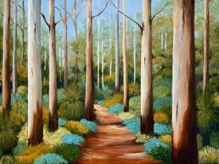 An Acrylic painting by Jenny Ellis-Newman in the Realist style  depicting Landscape Bush Farmland and Outback with main colour being Black Blue and Brown and titled Boranup Forest Walk