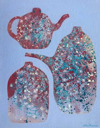 An Acrylic painting by Jenny Ellis-Newman in the Abstract Expressionist style  depicting Still Life Farm Cottage Jugs and Kitchenware with main colour being Blue Purple and Red and titled High Tea on Mother's Day original art