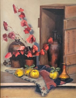 An Oil painting by Lyn Ellis in the Impressionist style  depicting Still Life Flowers and Fruit and titled Autumn Harvest