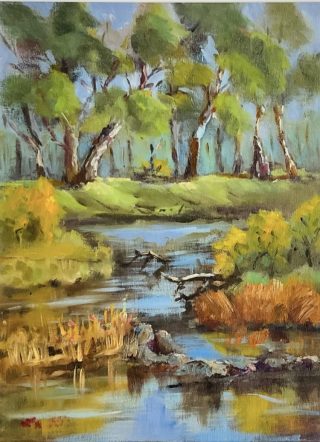 An Oil painting by Lyn Ellis in the Impressionist style  depicting Landscape River and titled Down Stream Loddon River