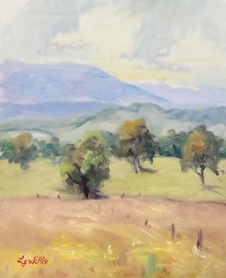 An Oil painting by Lyn Ellis in the Impressionist style  depicting Landscape Hills Mountains and Trees and titled Towards Mt. Dandenong