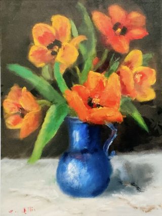 An Oil painting by Lyn Ellis in the Impressionist style  depicting Flowers and Vases and titled Open Tulips