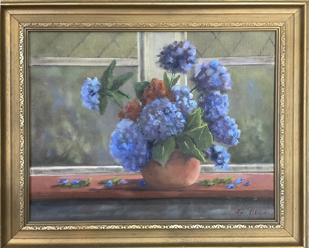 Lyn Ellis-140-Hydranges on the window sill - framed