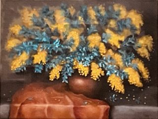 A Pastel painting by Lyn Ellis in the Impressionist style  depicting Flowers and titled Golden Orbs of Delight