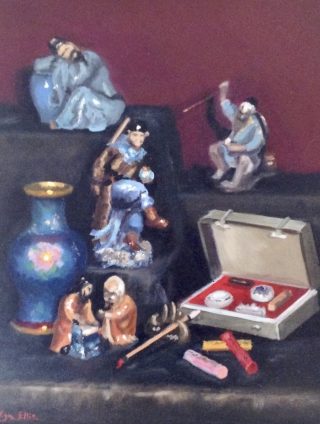 An Oil painting by Lyn Ellis in the Impressionist style  Oriental and Statue and titled Collection of Asian Figurines