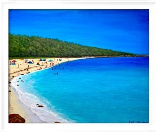 An Acrylic painting by Jenny Ellis-Newman in the Contemporary style  depicting Beach Boats and Boy with main colour being Blue Green and Ochre and titled Meelup Beach, Dunsborough