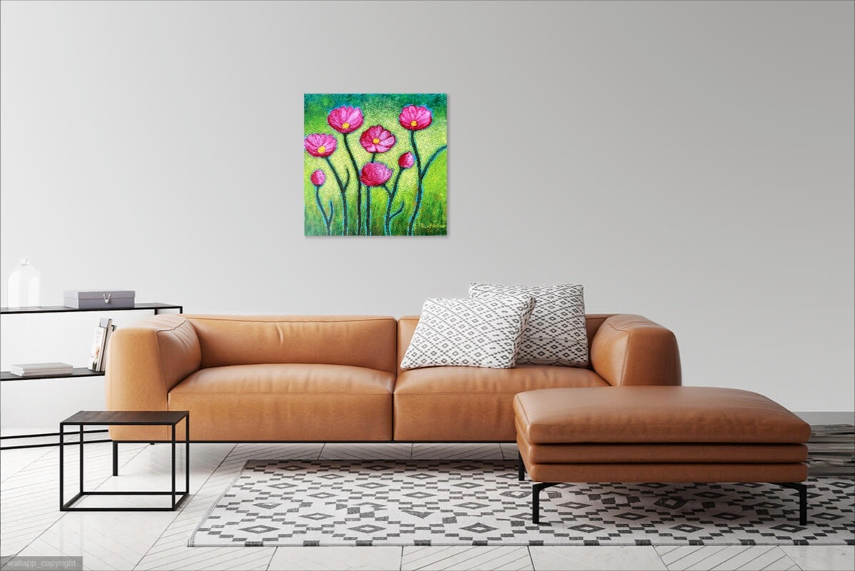 Acrylic Painting by Jenny Ellis-Newman titled Pretty Pink Poppies with Native Bees