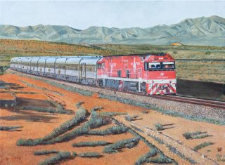 An Oil painting by Rob Kennedy in the Realist style  depicting Desert Bush and Outback with main colour being Red and titled The Ghan