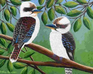 A  painting by Jenny Ellis-Newman in the Contemporary style  depicting Birds Animals and Flowers with main colour being Blue Brown and Green and titled Two Kookaburras in a Gum Tree