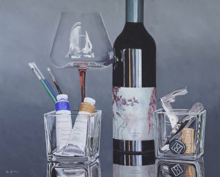 An Oil painting by Rob Kennedy in the Realist style  depicting Still Life Bottles with main colour being Green and Grey and titled Barossa Boy Shiraz with Paint and Brushes