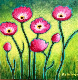 An Acrylic painting by Jenny Ellis-Newman in the Semi-Abstract Impressionist style  depicting Flowers Birds and Fruit with main colour being Brown Green and Pink and titled Pretty Pink Poppies with Native Bees