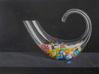 An Oil painting by Rob Kennedy in the Realist style  depicting Still Life Bottles and Vases with main colour being Black and Blue and titled Aladdin's Lamp but for Kids