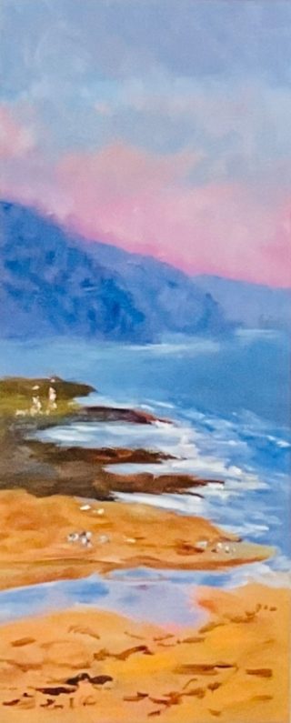 An Oil painting by Lyn Ellis in the Impressionist style  depicting Seascape Beach and Sunset and titled Evening Glow at Lorne