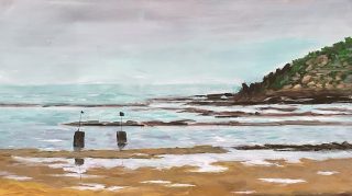 An Acrylic painting by Lyn Ellis in the Impressionist style  depicting Seascape Beach and Water and titled Barwon Heads at Low Tide