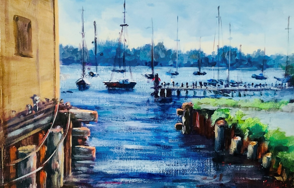 Acrylic Painting by Lyn Ellis titled Morning Light on Swan Bay Queenscliffe