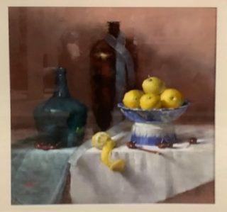 An Oil painting by Joan Denner in the Impressionist style  depicting Still Life Flowers and titled Lemon Study