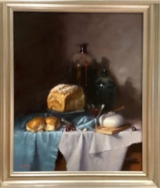 An Oil painting by Joan Denner depicting Still Life Food and Wine and titled Still life with Bread and Wine
