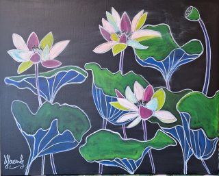 A Mixed Media painting by Diane Yousouf in the Contemporary style  depicting Flowers and Water with main colour being Black Blue and Green and titled Lotus Flowers
