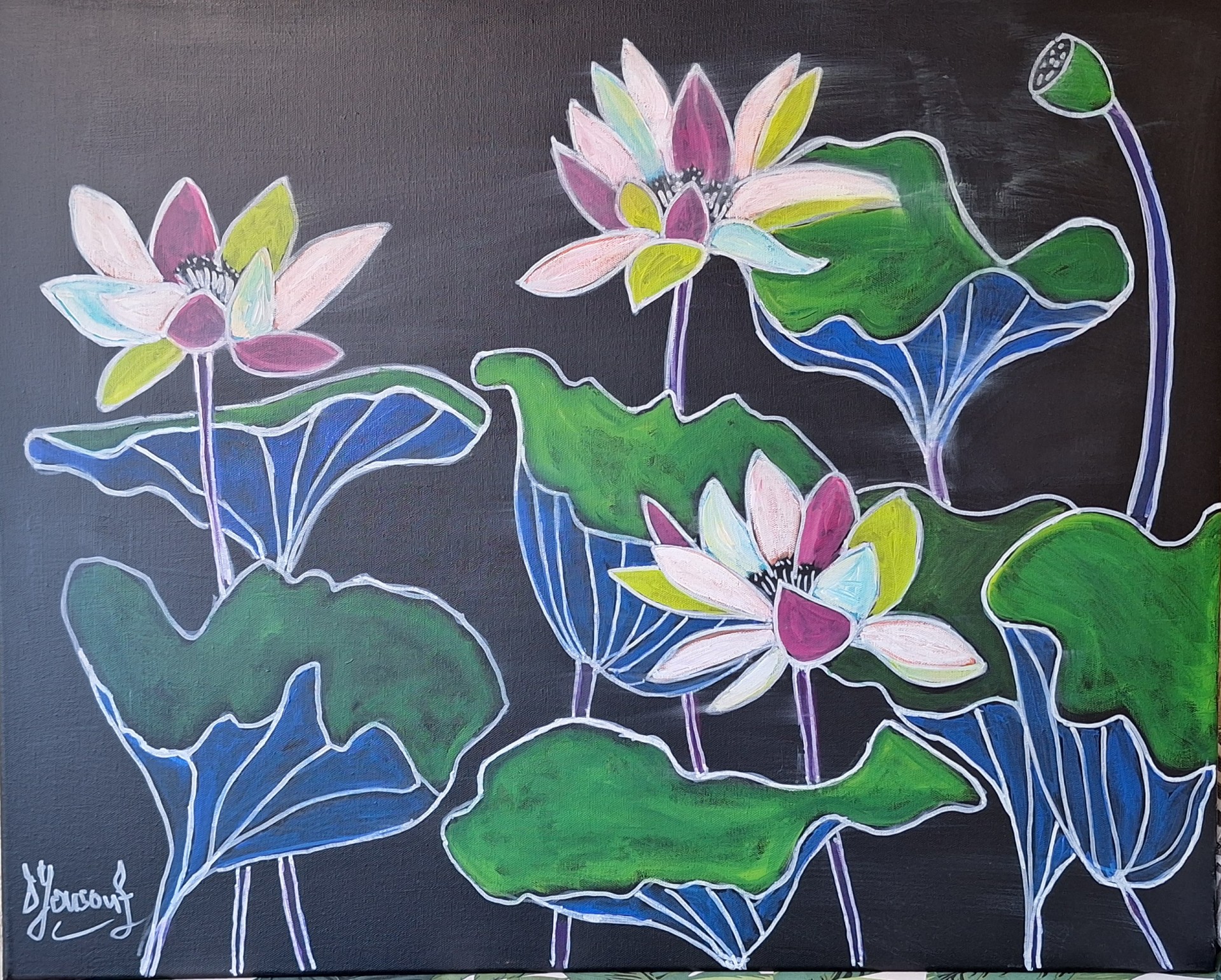 Mixed Media Painting by Diane Yousouf titled Lotus Flowers