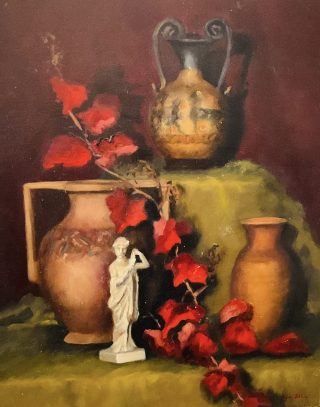An Oil painting by Lyn Ellis in the Impressionist style  depicting Still Life and titled Autumn Tones with Pots